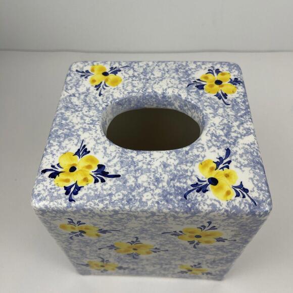Vestal Alcobaca Portugal Pottery Blue Sponge ware Yellow FlowerTissue Box Cover - Picture 3 of 10